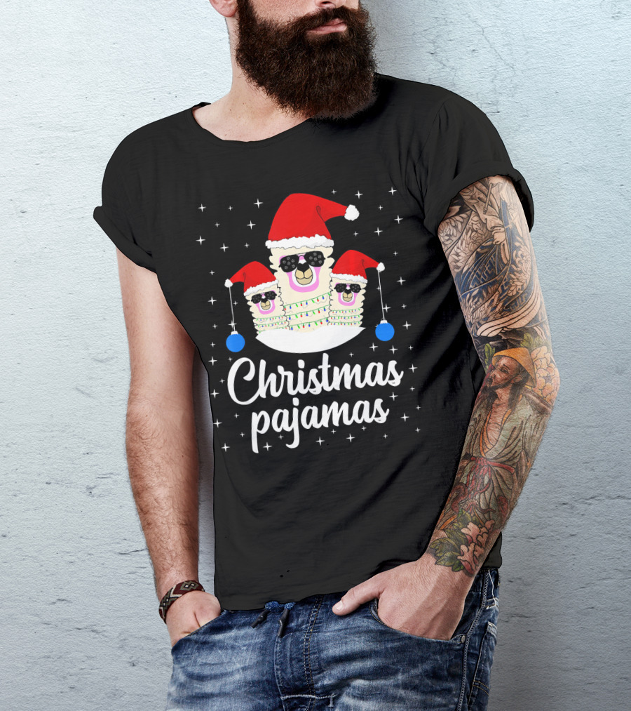 Llama Christmas Pajamas Funny Alpaca Mer Santa Hat Sunglasses T-Shirt