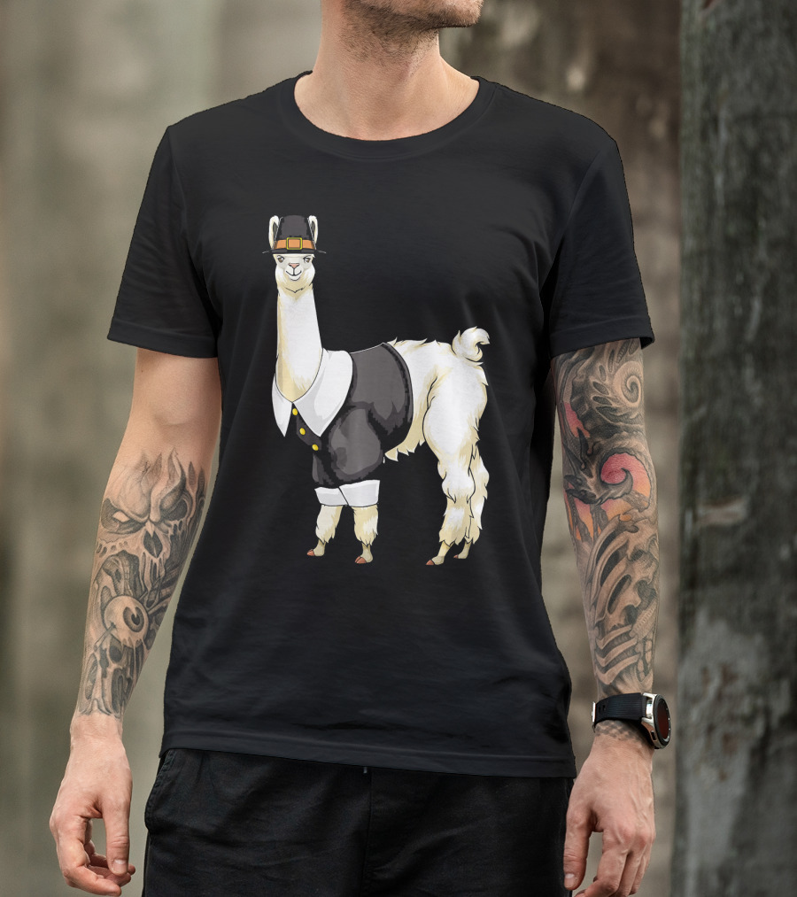 Thanksgiving Pilgrim Llama Alpaca In Tropical Summer T-Shirt