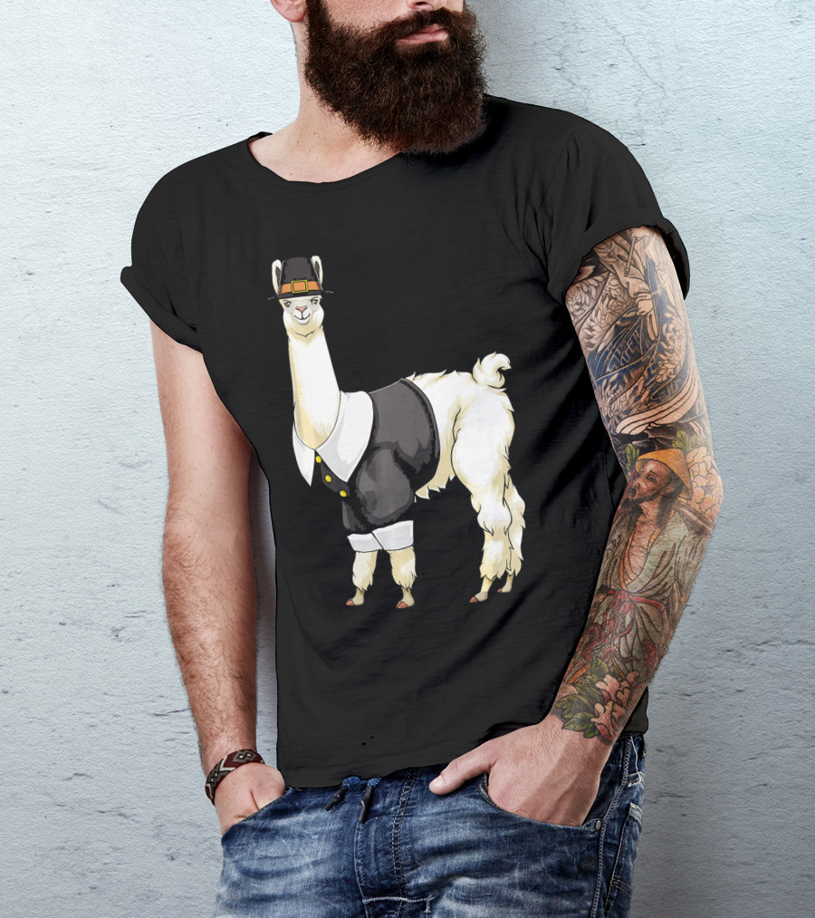 Thanksgiving Pilgrim Llama Alpaca In Tropical Summer T-Shirt
