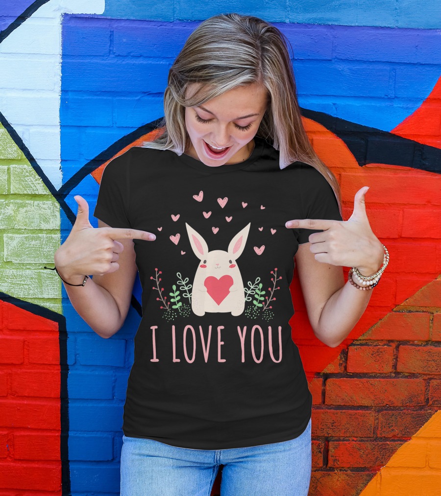I LOVE YOU Bunny Rabbit Holding Heart Surrounded By Pink Hearts And Foliage T-Shirt