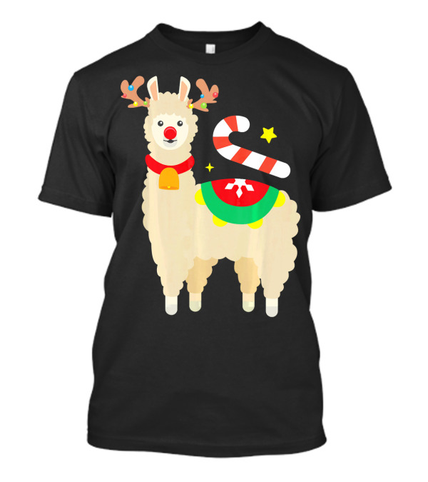 Llama Reindeer Funny Cute Alpaca Lover Christmas Candy Cane Antlers T-Shirt