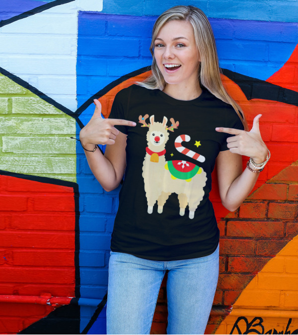 Llama Reindeer Funny Cute Alpaca Lover Christmas Candy Cane Antlers T-Shirt