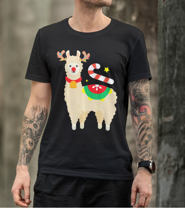 Llama Reindeer Funny Cute Alpaca Lover Christmas Candy Cane Antlers T-Shirt