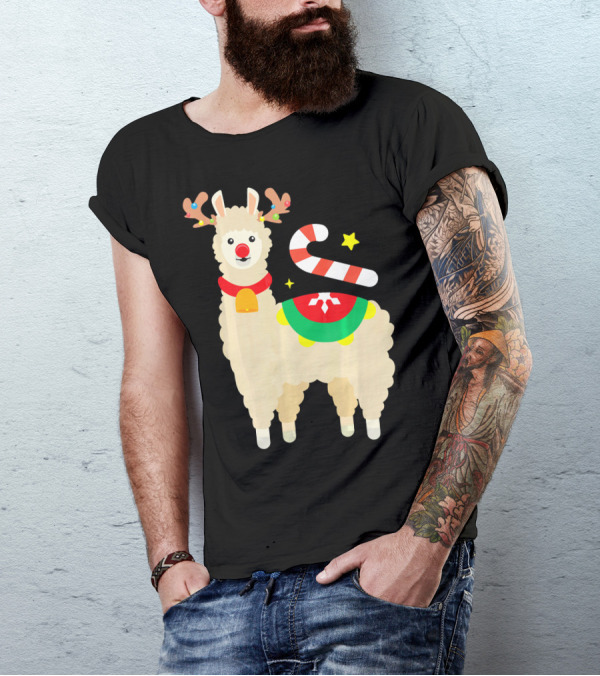 Llama Reindeer Funny Cute Alpaca Lover Christmas Candy Cane Antlers T-Shirt