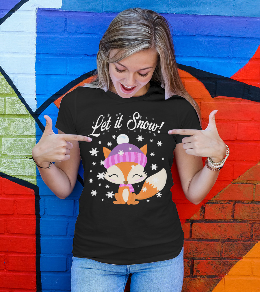 Let It Snow Cute Fox In Striped Hat With Winter Snowflakes T-Shirt