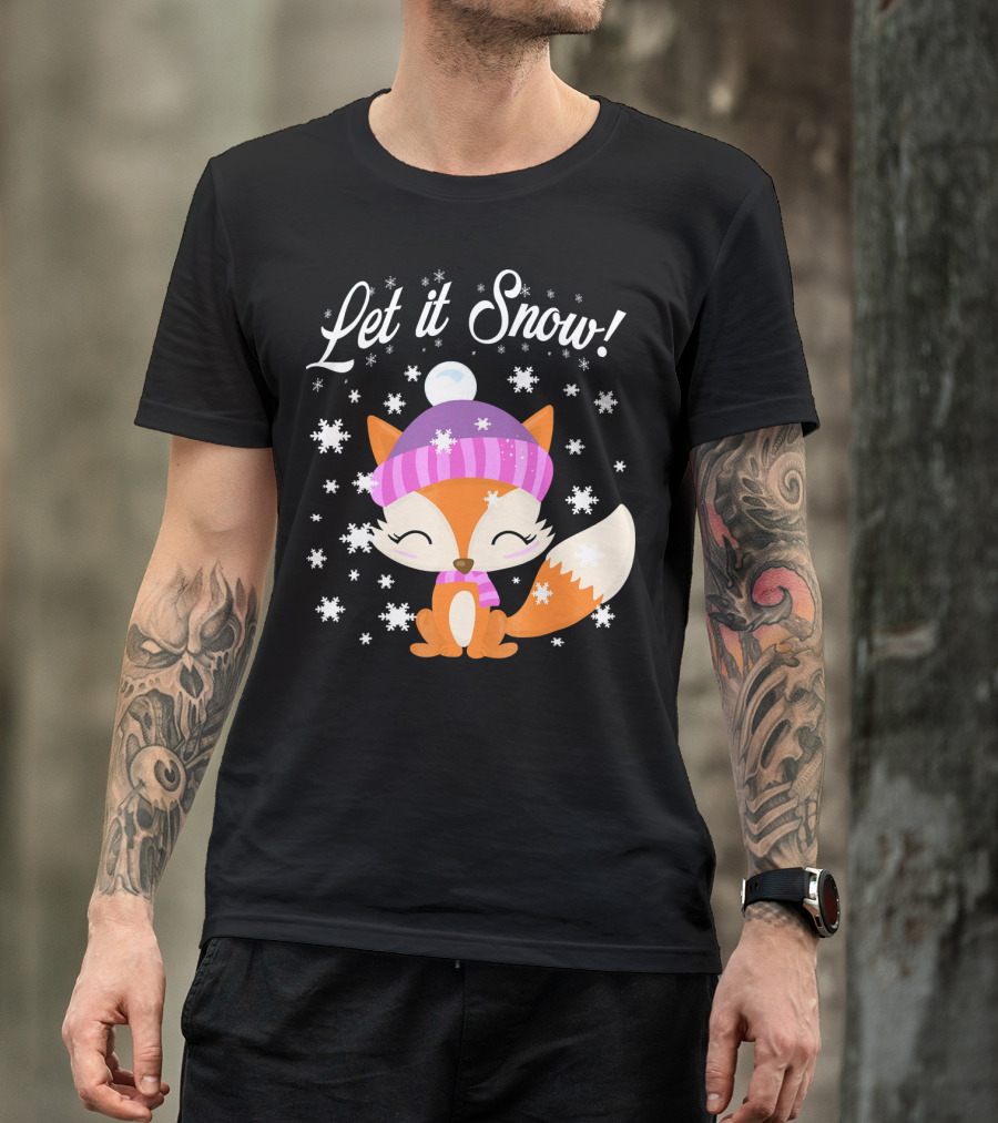 Let It Snow Cute Fox In Striped Hat With Winter Snowflakes T-Shirt