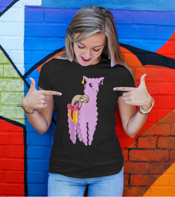 Humorous Sloth Riding A Llama Alpaca Gra Cheerful Pastel Adventure T-Shirt