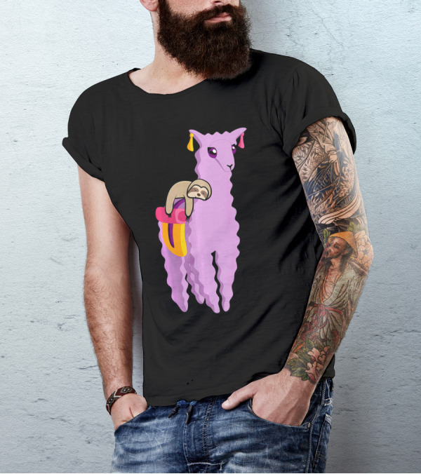 Humorous Sloth Riding A Llama Alpaca Gra Cheerful Pastel Adventure T-Shirt