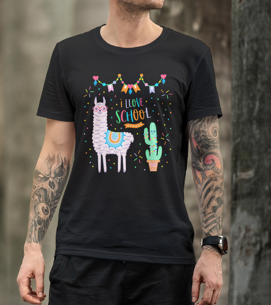 I Love School Llama Alpaca Girl Back To School With Cactus And Colorful Banner T-Shirt