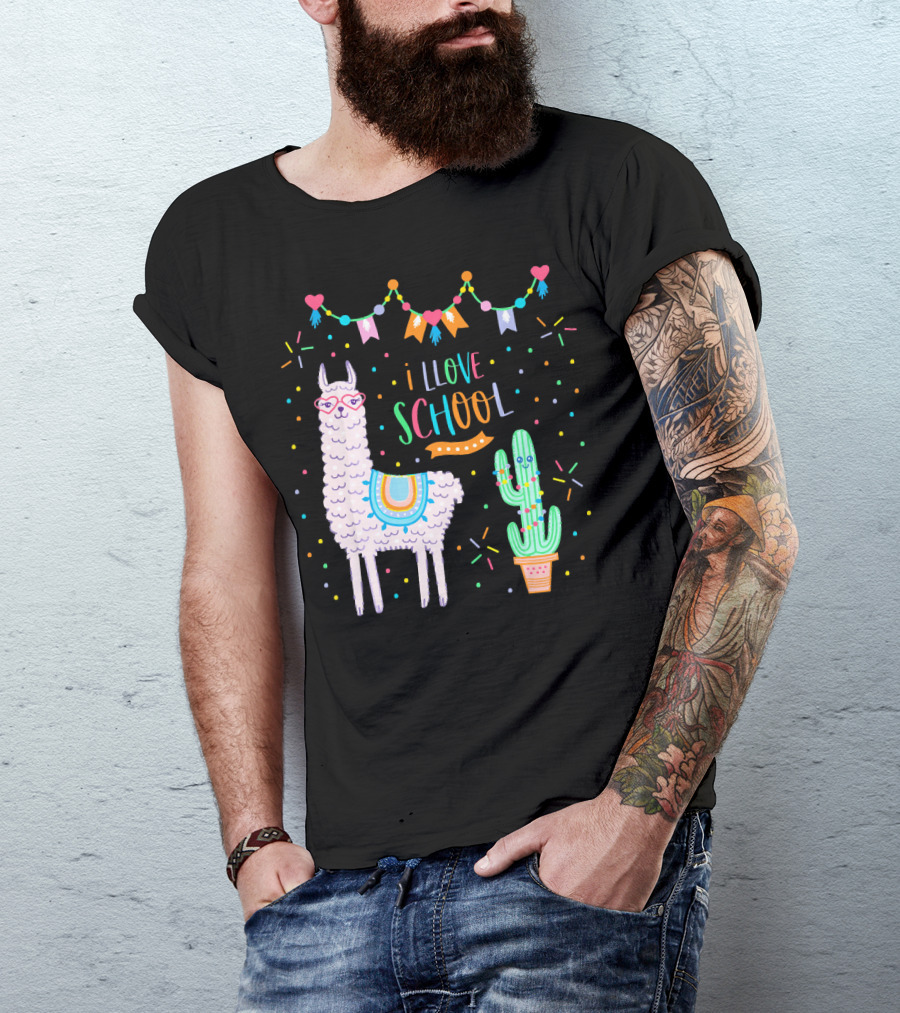 I Love School Llama Alpaca Girl Back To School With Cactus And Colorful Banner T-Shirt