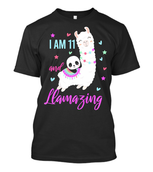 I Am 11 And Llamazing Llama With Panda And Stars Hearts T-Shirt
