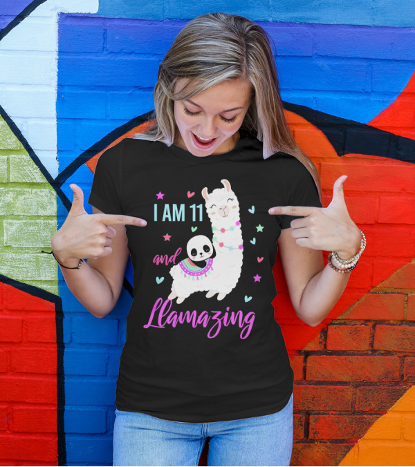 I Am 11 And Llamazing Llama With Panda And Stars Hearts T-Shirt