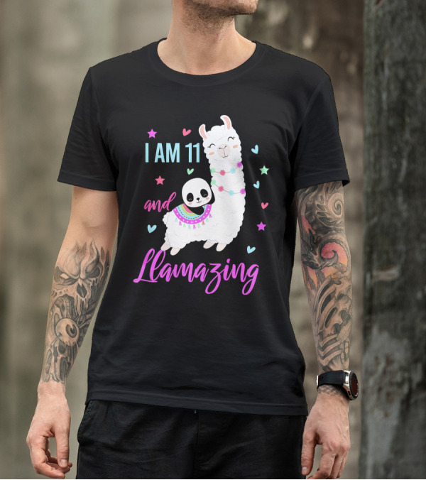I Am 11 And Llamazing Llama With Panda And Stars Hearts T-Shirt