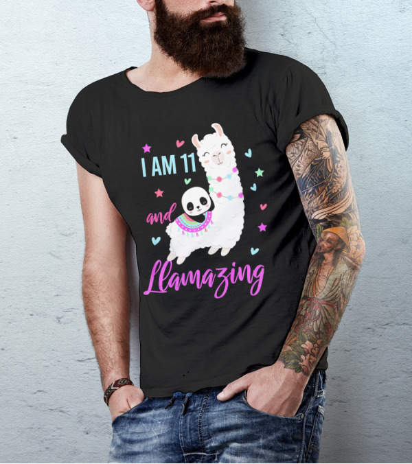 I Am 11 And Llamazing Llama With Panda And Stars Hearts T-Shirt