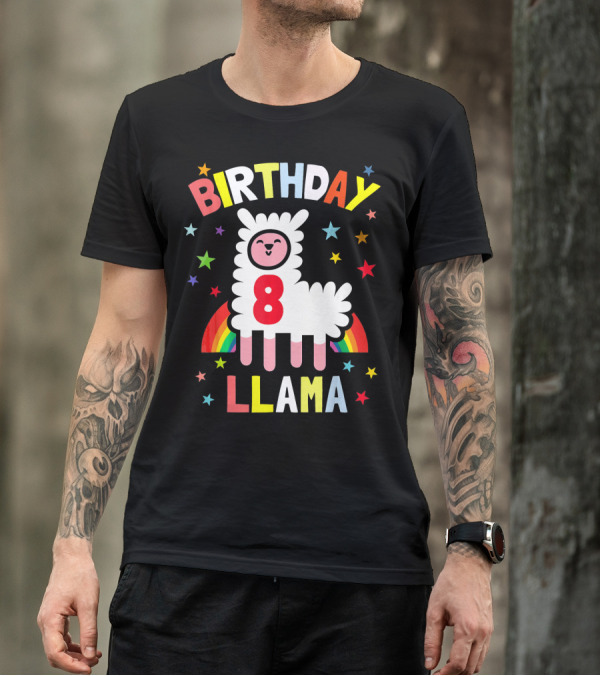 Birthday Llama 8 Rainbow Stars T-Shirt