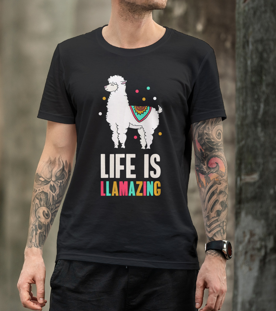 Life Is Llamazing With Colorful Llama And Playful Dots T-Shirt