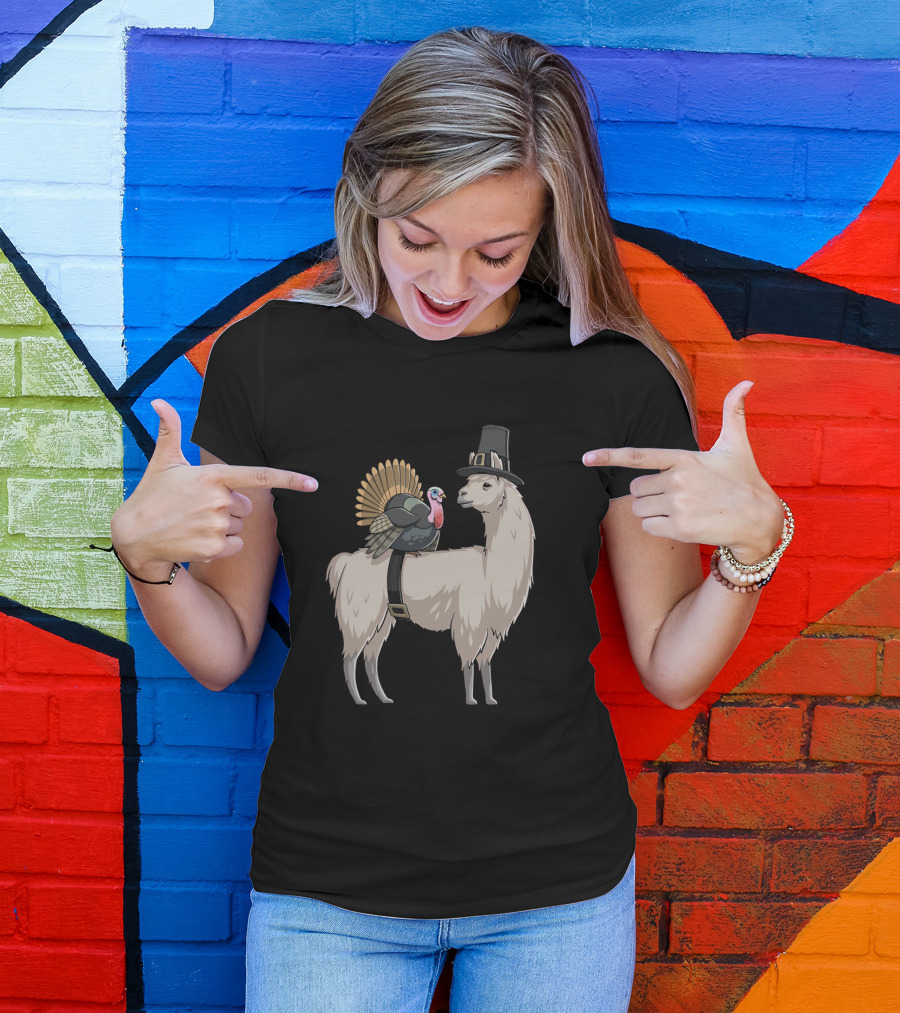 Llama Alpaca Thanksgiving Turkey Pilgrim Hat T-Shirt