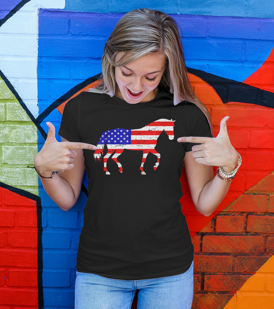 Horse American USA Flag 4th Of July T-Shirt