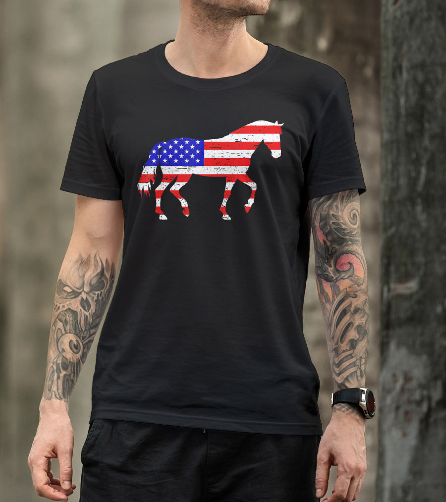 Horse American USA Flag 4th Of July T-Shirt