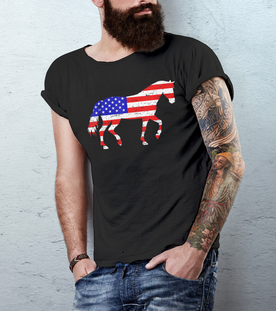 Horse American USA Flag 4th Of July T-Shirt