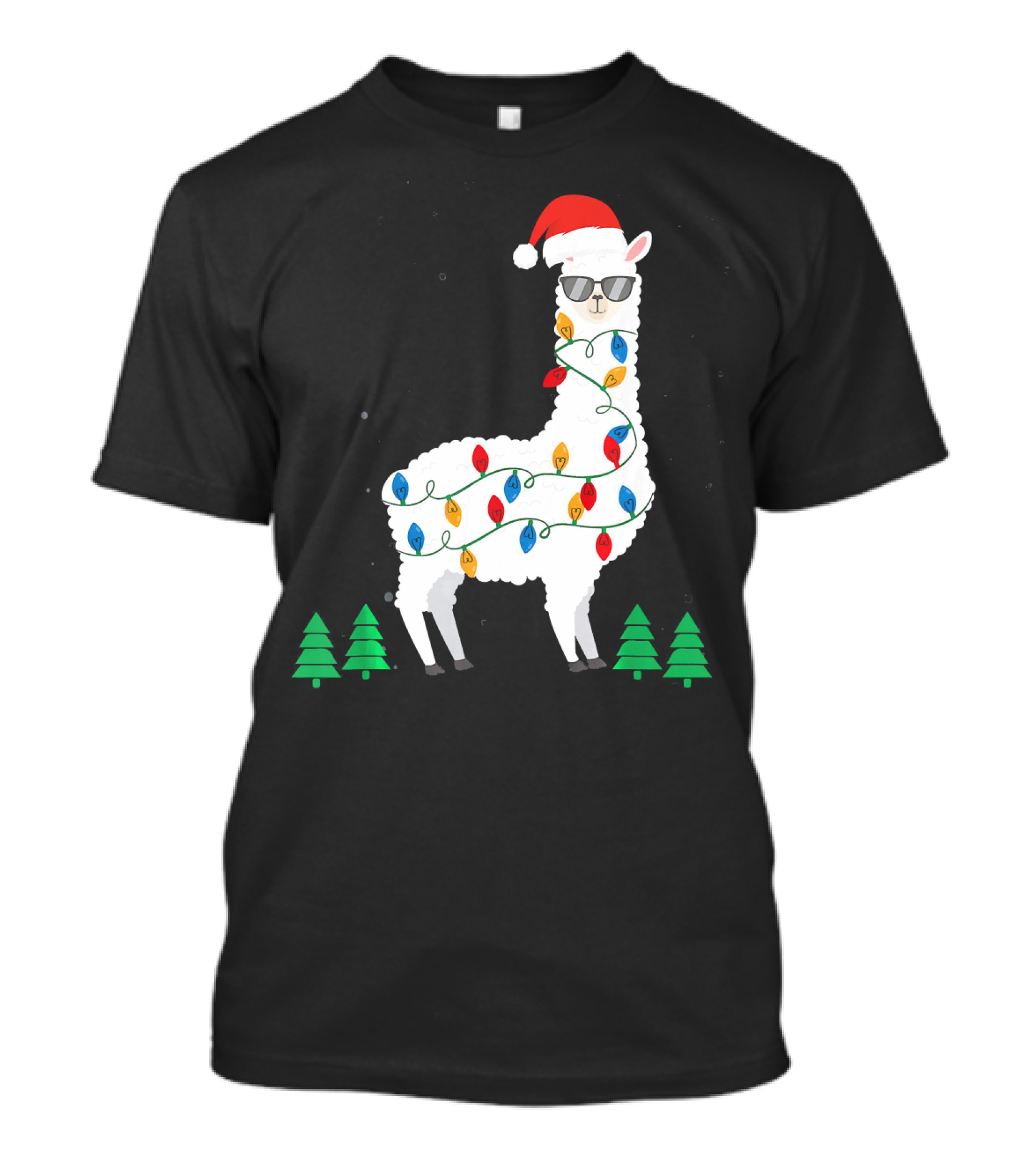 Llama Christmas Lights Santa Hat Alpaca With Sunglasses And Christmas Trees T-Shirt