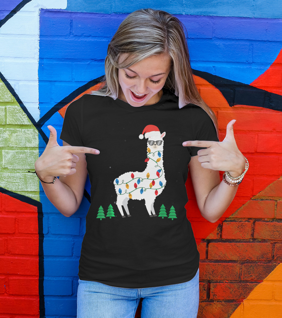 Llama Christmas Lights Santa Hat Alpaca With Sunglasses And Christmas Trees T-Shirt