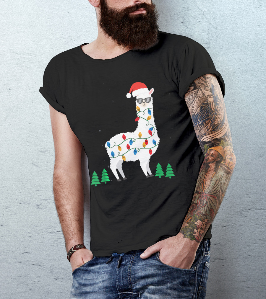 Llama Christmas Lights Santa Hat Alpaca With Sunglasses And Christmas Trees T-Shirt