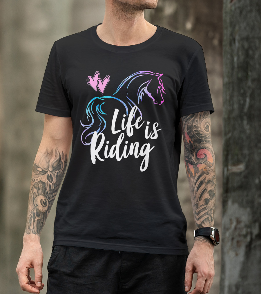 Life Is Riding Horse Rider Girl Women With Hearts And Horse Outline T-Shirt