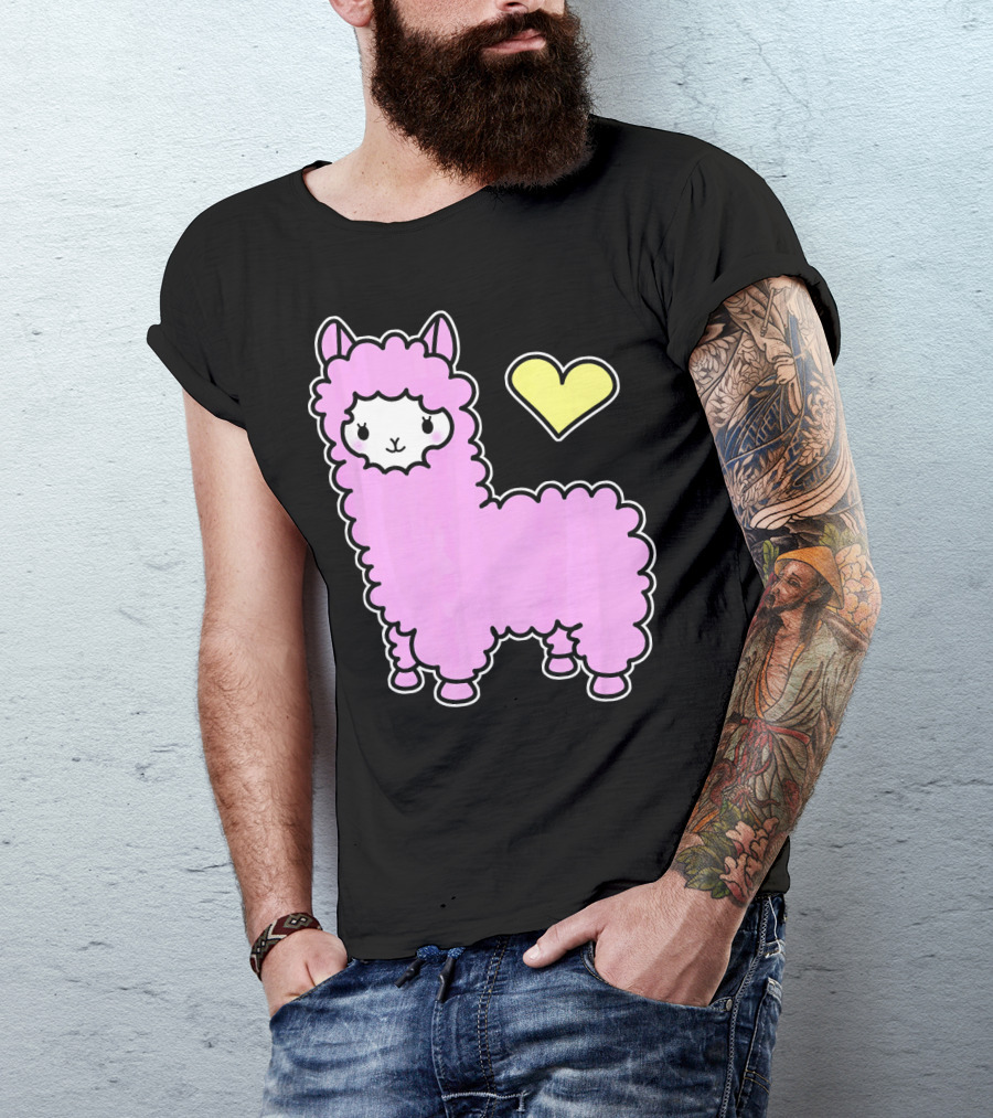 Llama Girls Cute Kawaii Pink Alpac With Heart T-Shirt