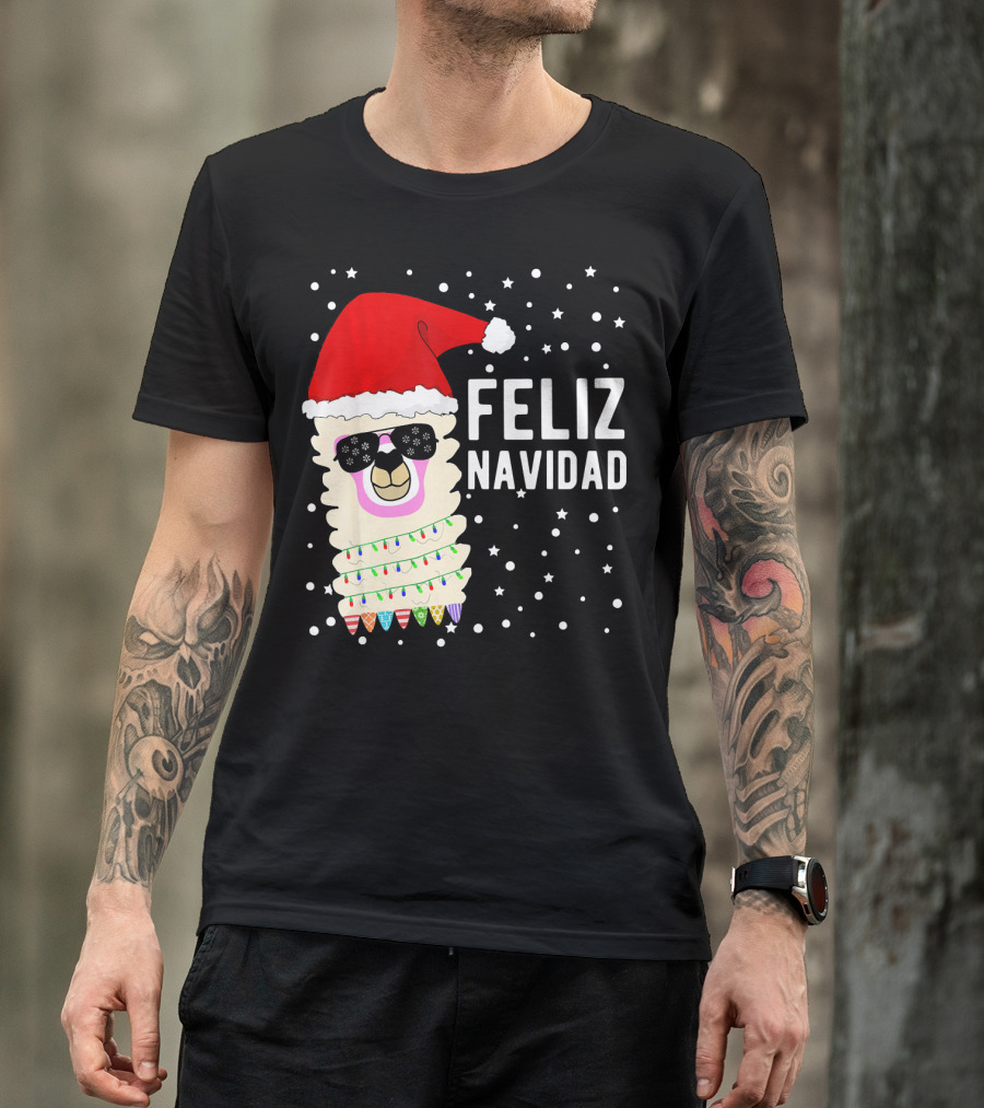 Feliz Navidad Funny Llama Alpaca Christmas Santa Hat T-Shirt