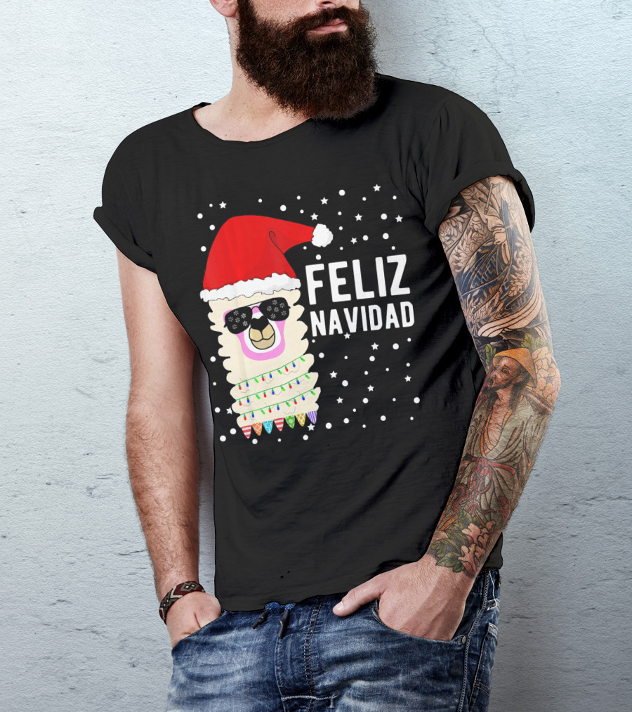 Feliz Navidad Funny Llama Alpaca Christmas Santa Hat T-Shirt