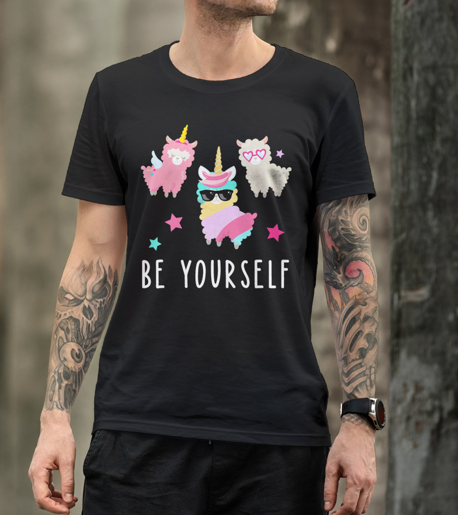 Be Yourself Llamacorn Girls Llama Unico With Unicorns And Stars T-Shirt