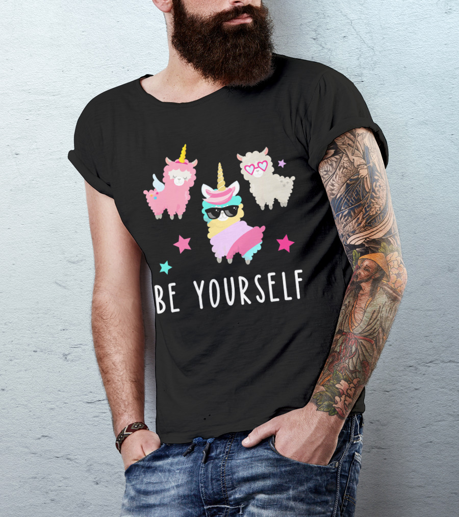 Be Yourself Llamacorn Girls Llama Unico With Unicorns And Stars T-Shirt