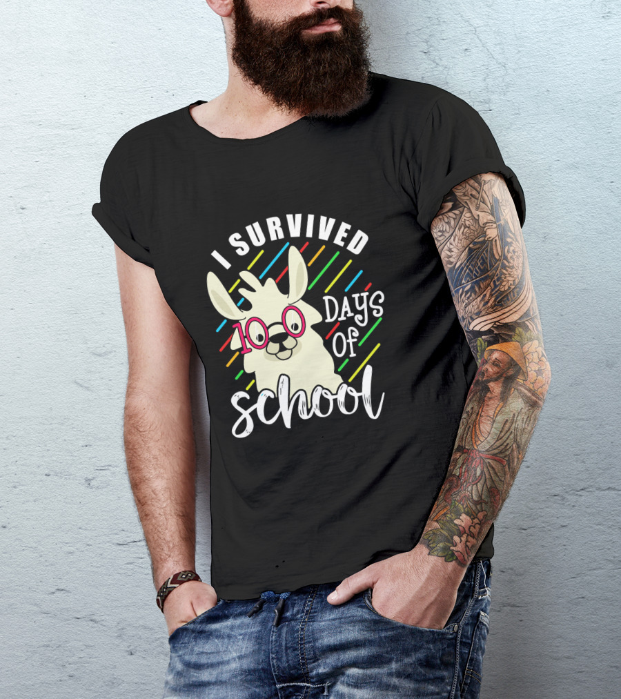 I Survived 100 Days Of School Llama With Colorful Stripes T-Shirt