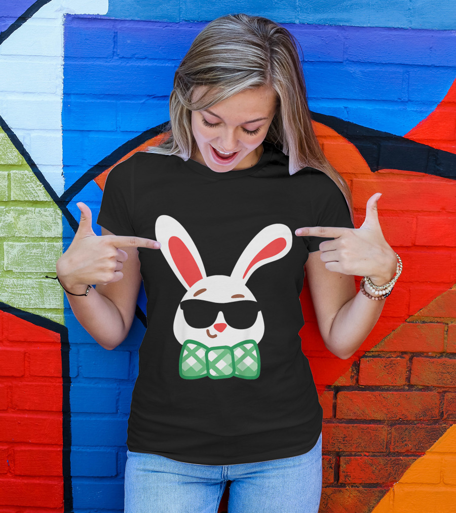Kids Bunny With Sunglasses Cute Easter Bow Tie T-Shirt