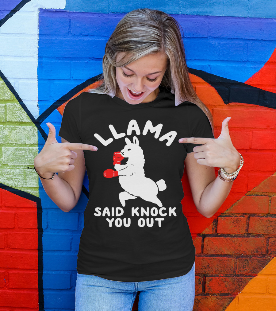 LLAMA SAID KNOCK YOU OUT Boxing Llama With Red Gloves T-Shirt