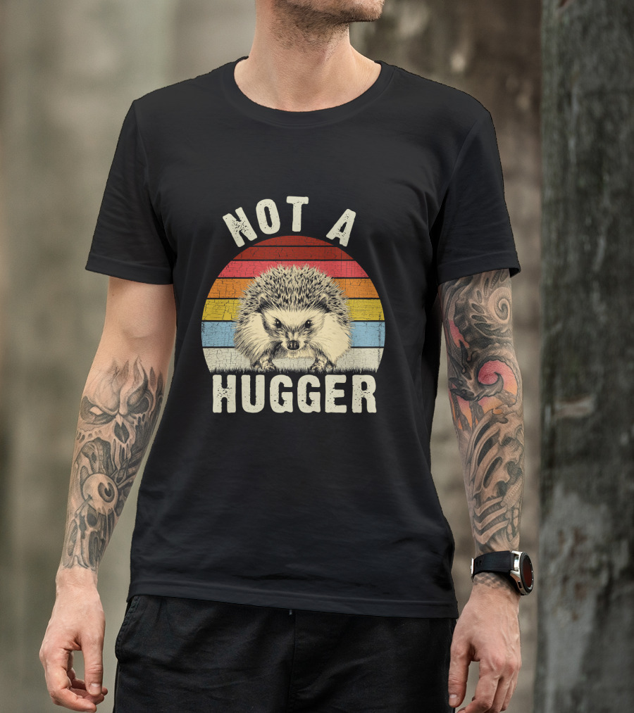 Not A Hugger Funny Hedgehog Sarcastic Retro Sunset Stripes T-Shirt