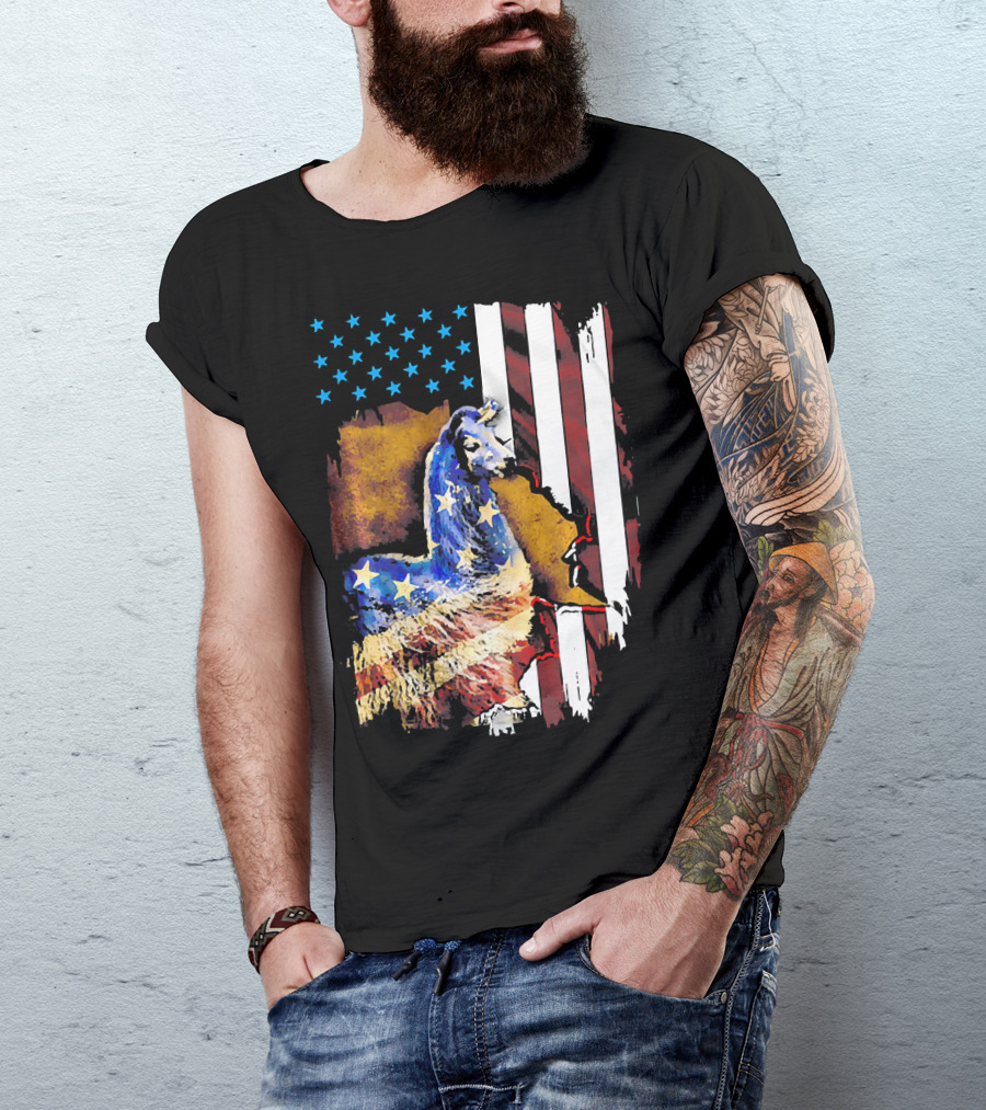 USA Patriotic Llama American Flag Stars Stripes T-Shirt