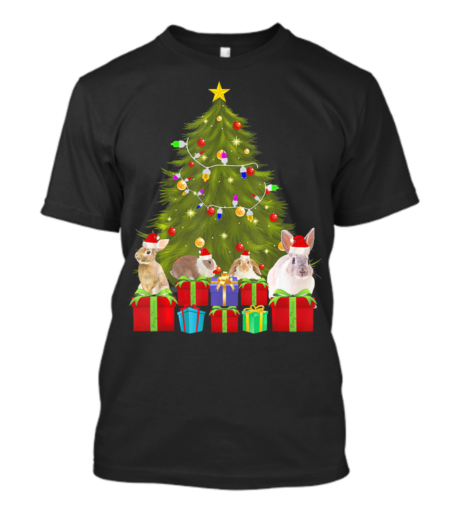 Santa Rabbits With Christmas Tree Lights And Presents T-Shirt