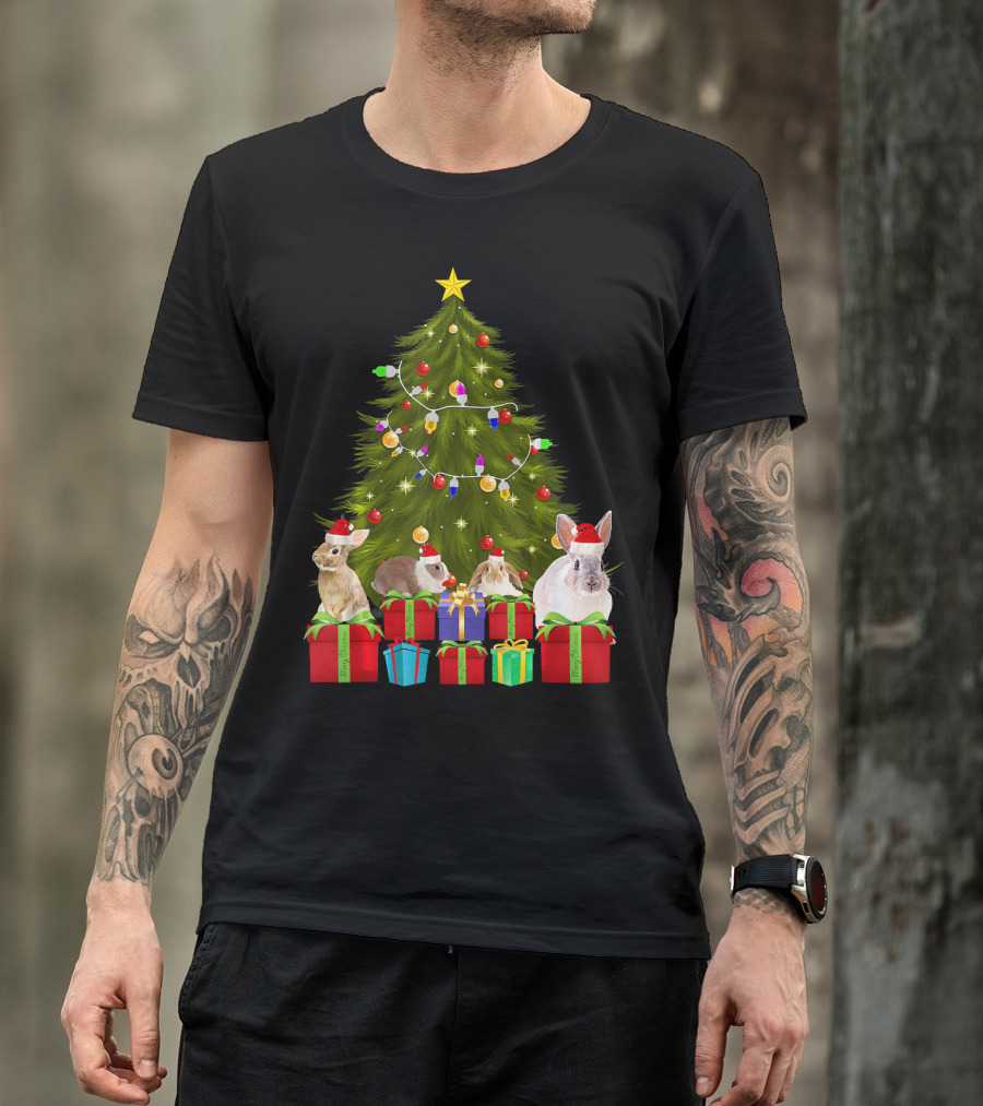 Santa Rabbits With Christmas Tree Lights And Presents T-Shirt