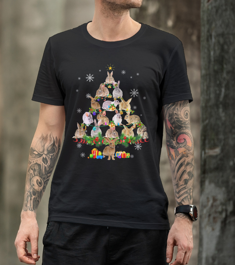 Rabbit Christmas Tree Lights Funny Rabbit Snowflakes Presents T-Shirt