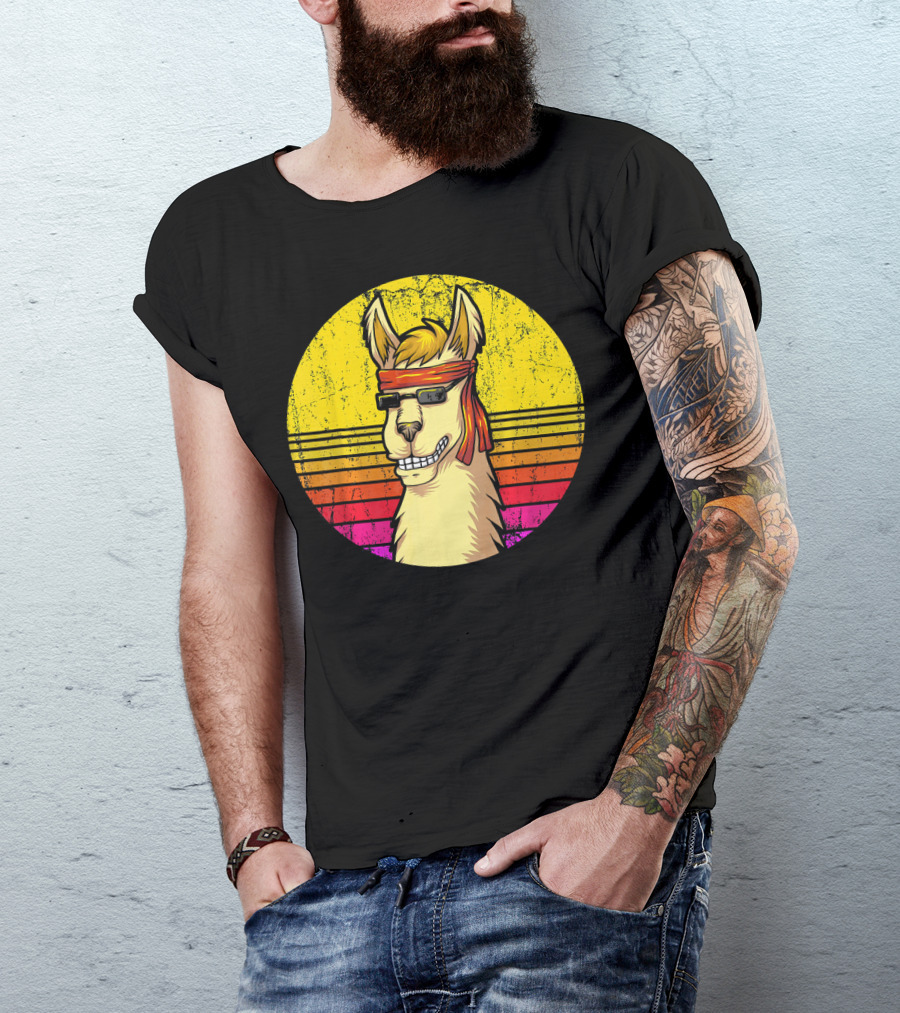 Retro Llama Sunglasses Funny Vintage Alp Sunset Headband Stripes T-Shirt
