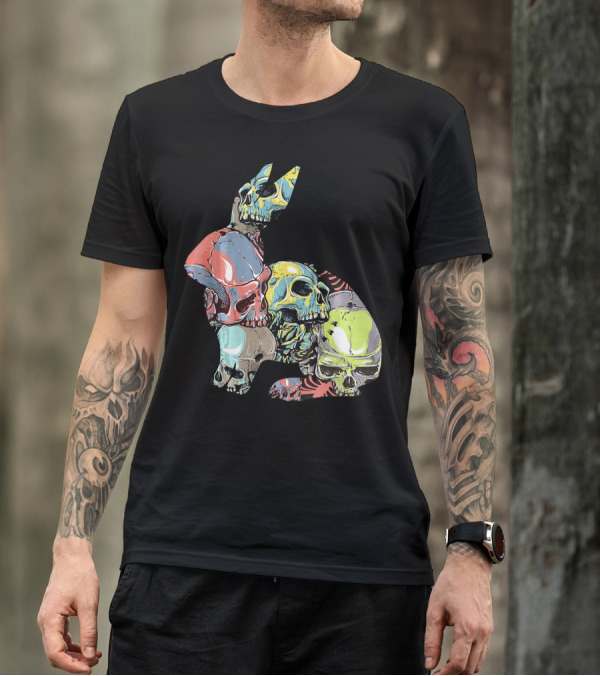 RABBIT Halloween Skeleton Skull Colorful Skulls Art Collage T-Shirt