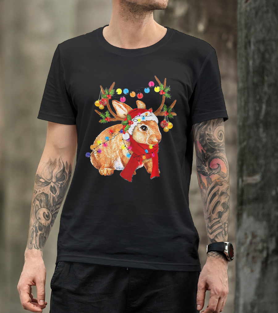 Santa Rabbit Reindeer Lights Christmas T-Shirt
