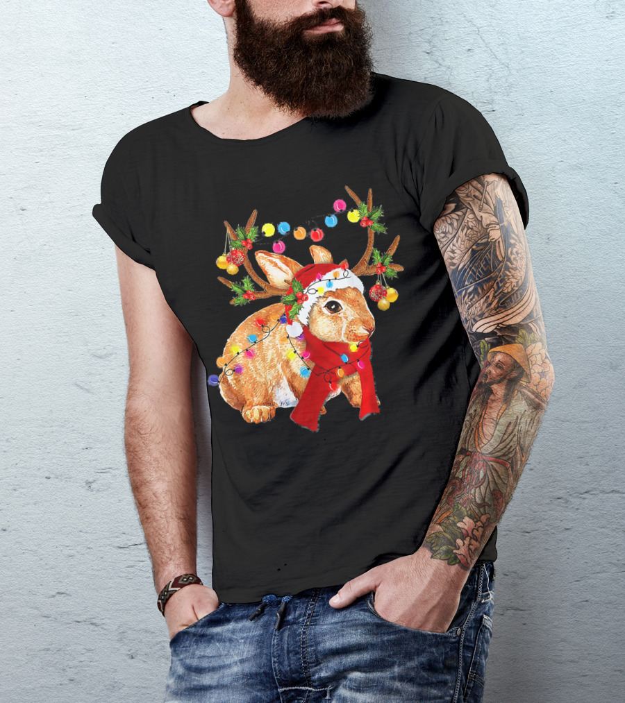 Santa Rabbit Reindeer Lights Christmas T-Shirt