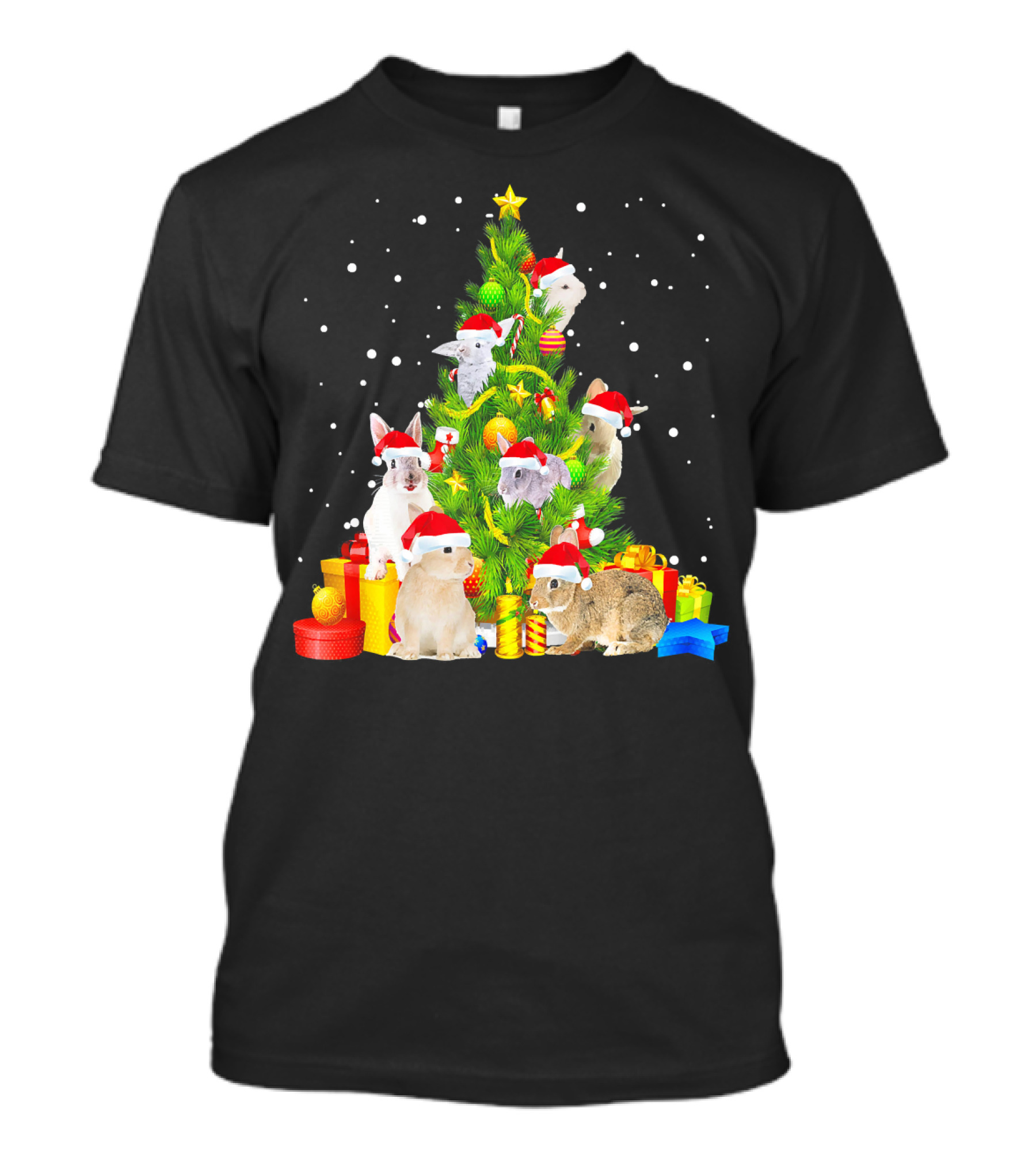 Rabbit Christmas Tree Santa Hat Puppies Holiday Gift Snowflakes T-Shirt