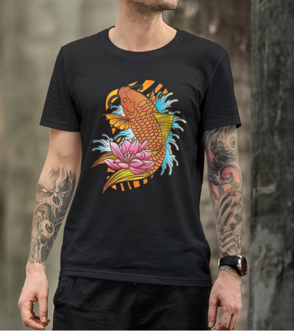 Traditional Japanese Koi Fish Tattoo Wit Pink Lotus Waves T-Shirt