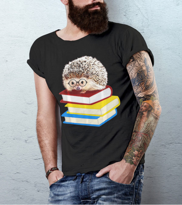 Totally Adorable Hedgehog Book Nerd Stack Of Colorful Books With Glasses T-Shirt