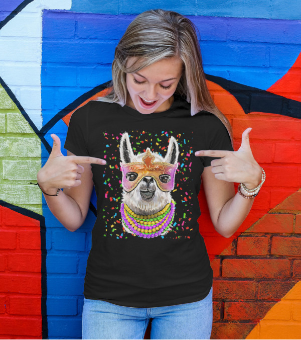 Mardi Gras Llama Bead Mask Confetti T-Shirt