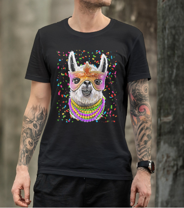 Mardi Gras Llama Bead Mask Confetti T-Shirt